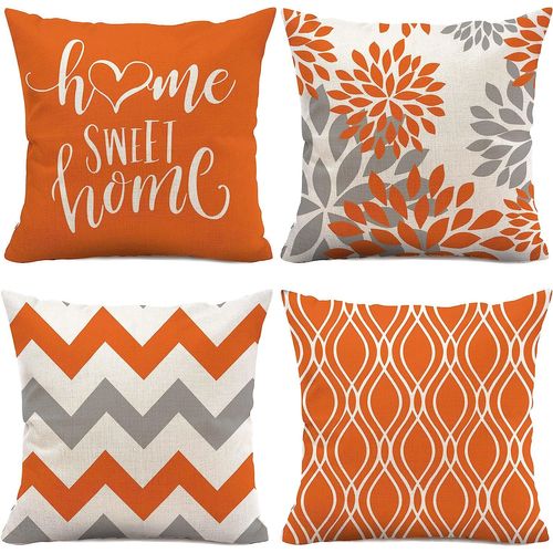 Lot De 4 Housses De Coussin Orange 18 X 18, Oreillers Décoratifs Orange Pour Canapé, Taie De Coussin En Lin Décoration Extérieure De La Maison (Orange)