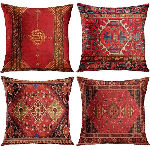 Housses De Coussin Géométrique Persan Kilim Home Decor Lot De 4 Taies D'oreiller Orientales Ikat Décoratives 45,7 X 45,7 Cm Coussin Canapé Taies D'oreiller Coloré Rouge Tribal