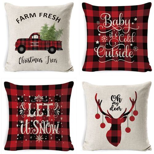 Lot De 4 Housses De Coussin De Noël 45,7 X 45,7 Cm, Taie D'oreiller De Noël En Lin Noir Et Rouge Buffalo Plaid Taie D'oreiller Ferme Décorations De Noël Pour La Maison Et Le Canapé