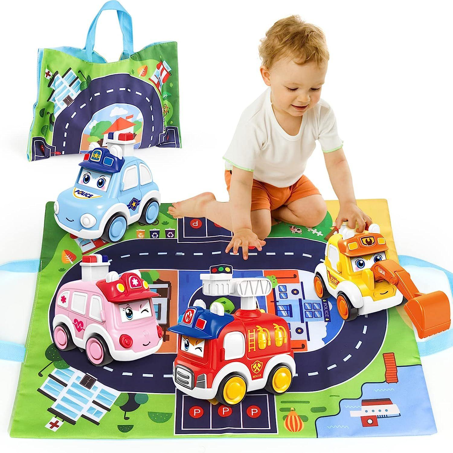 Tirez la voiture doux bébé jouet enfants peluche voiture jouet ensemble 4  voitures avec tapis de jeu 
