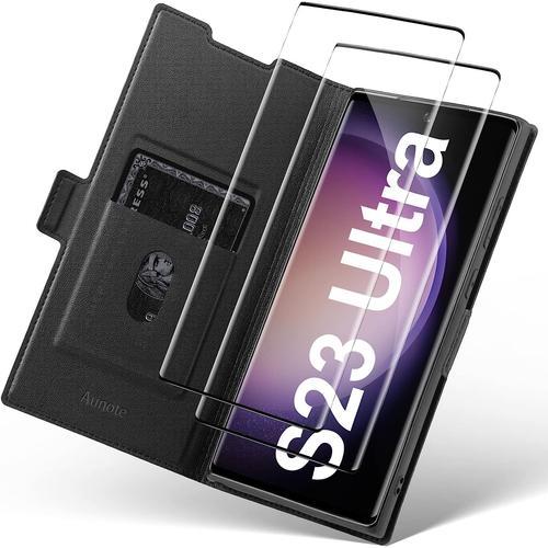 Coque Samsung S23 Ultra 5g Housse Étui Pochette Galaxy S23 Ultra Portefeuille En Cuir Avec 2 Protection Écran 9h Verre Trempé S23ultra Rabat Clapet Emplacement Carte Folio Flip Cover Noir