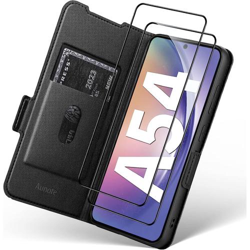 Coque Samsung A54 5g Housse Protection Etui Samsung Galaxy A54 Portefeuille Flip En Cuir Avec 2 Protection Écran 9h Verre Trempé Rabat Pochette Clapet Emplacement Carte Folio Cover Case Noir