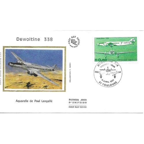France 1987, Très Belle Enveloppe 1er Jour Timbre Yvert 60, Avion Dewoitine 338, Belle Illustration Couleur Soie, État Neuf, Cote 38 Euros.
