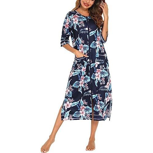 Robe Imprimée Pour Femmes Avec Fermeture Éclair Sur Le Devant Manteau De Bureau À Manches 3/4 Pyjama Pleine Longueur Tenue Décontractée Pour Femmes Avec Poches S-Xxl