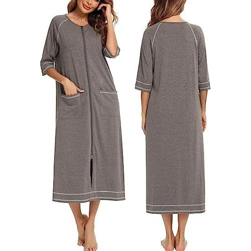 Peignoir Pour Femme Avec Fermeture Éclair Sur Le Devant, Manteau De Bureau, Pyjama À Manches 3/4, Tenue Décontractée Pour Femme, Pleine Longueur, Avec Poches, Gris, S-Xxl