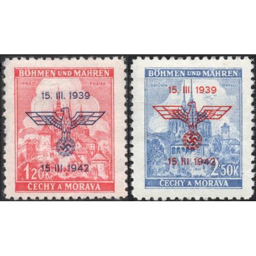 Tchécoslovaquie, Occup Allemande, Bohème Moravie 1942, T. Beaux Timbres Neufs** Luxe Yvert 76a Et B, 3ème Anniversaire Du "Protectorat Allemand", Brno Et Prague, Surcharge Grand Aigle Et Croix Gammée.