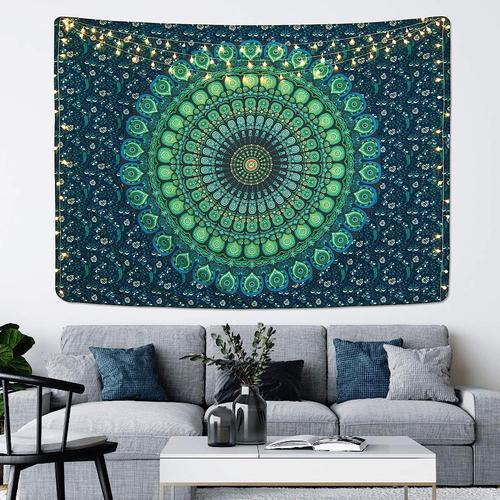 Bohème Mandala Tapisserie Hippie Tapisseries Psychédélique Paon Boho Tapisserie Tenture Murale pour Chambre (Bleu, 150*200cm)