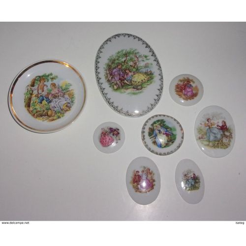 Lot De 7 Plaques En Porcelaine De Limoges + 1 Vide Poche "Scènes Galantes"