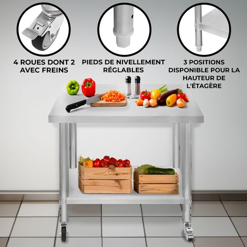 Table De Travail Préparation Professionelle Cuisine En Inox - 76cm X 90 Cm X 86cm - Plan De Préparation Culinaire Chariot De Cuisine - 4 Roues Amovibles - Restaurant, Bar, Horeca Cdh