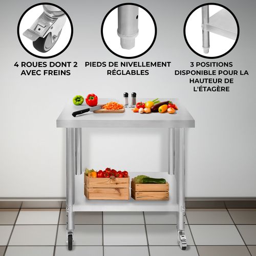 Table De Travail Préparation Professionelle Cuisine En Inox - 76cm X 45cm X 86cm - Plan De Préparation Culinaire Chariot De Cuisine - 4 Roues Amovibles - Restaurant, Bar, Horeca Cdh