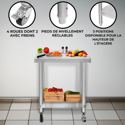 Table De Travail Préparation Professionelle Cuisine En Inox - 60cm X 30cm X 80cm - Plan De Préparation Culinaire Chariot De Cuisine - 4 Roues Amovibles - Restaurant, Bar, Horeca Cdh