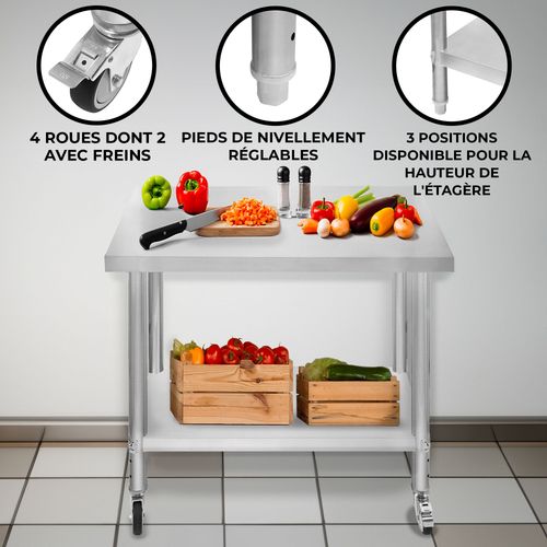 Table De Travail Préparation Professionelle Cuisine En Inox - 60cm X 90 Cm X 86cm - Plan De Préparation Culinaire Chariot De Cuisine - 4 Roues Amovibles - Restaurant, Bar, Horeca Cdh