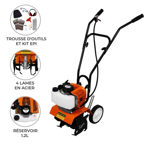 Motoculteur Thermique Motobinette Moteur Essence à 2 Temps de 52cc Puissance 3CV 1,65kW 9000 tours /min - Réservoir 1.2L - [Trousse Outils & Kit EPI GRATUITS] Cresuser Déshernage Jardinage Sol Terre