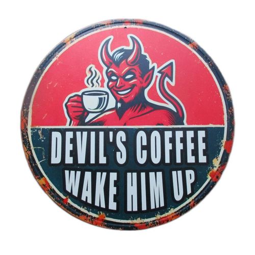 Plaque Diablotin Rouge Devil's Coffee Wake Him Up Tole 30cm