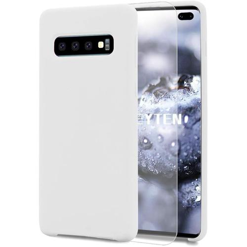 Coque Galaxy S10 Plus [Avec Hd Trempé], Silicone Liquide Housse Case Anti-Choc Anti-Rayures Cover Étui Avec Tissu Microfibre Coussin For Samsung Galaxy S10 Plus (Blanc)