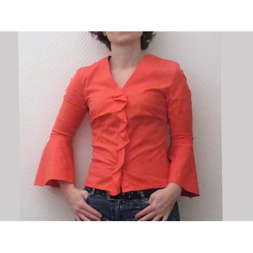 Chemisier/Top Orange Corail Avec Ses Manches 3/4- Taille 36- Promod