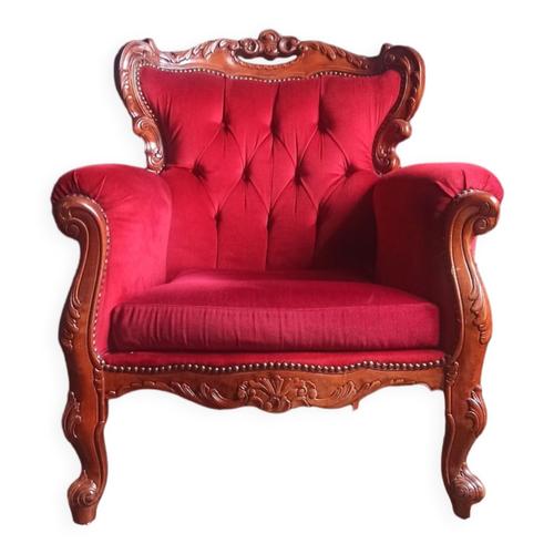 Fauteuil En Bois Sculpt Style Baroque En Velour Rouge Bordeau Marron