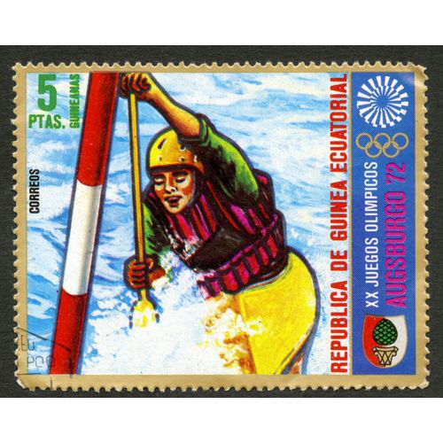 Timbre Oblitéré Republica De Guinea Ecuatorial, 5 Ptas, Correos, Xx Juegos Olimpicos Augsburgo 72