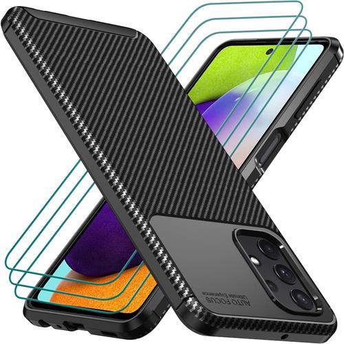 Coque Pour Samsung Galaxy A52 4g / 5g / A52s 5g, Avec 3 Pièces Protection Écran En Verre Trempé, Fibre De Carbone Noir Souple Tpu Housse Etui De Protection En Silicone Antichoc