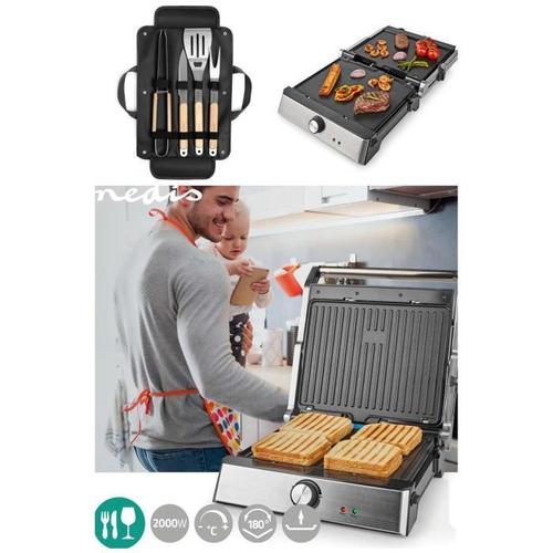 Grill Viande Panini Taille XL 2000W Cuisson diététique a? 180° anti-adhe?sive avec Te?moins lumineux + Ustensiles Barbecue