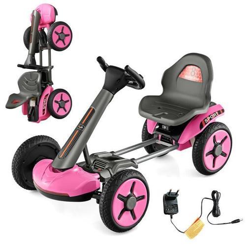 Costway Kart Électrique 12v/4,5 Ah Pour Enfants Avec Siège & Volant Réglables, Démarrage Lent, Led, Porte-Gobelet, 3-6 Ans, Rose