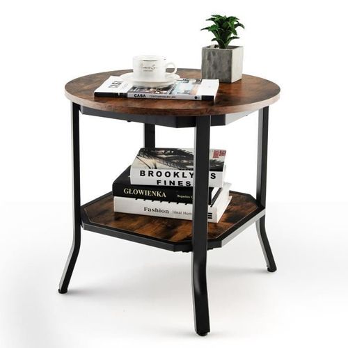 Costway Table Basse Industrielle À 2 Niveaux, Table D'appoint Ronde Avec Coussinets De Pied Réglables, Pour Salon, Chambre, Bureau
