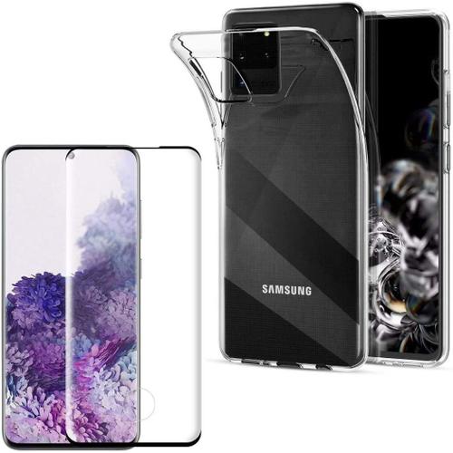 Coque Pour Samsung Galaxy S20 Ultra Verre Trempé Integral Bord Noir Film Protection Ecran Housse Etui Gel Tpu Silicone Transparent Souple Ultra Mince Anti Choc