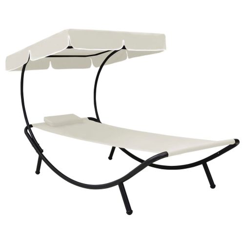 Transat Chaise Longue Bain De Soleil Lit De Jardin Terrasse Meuble D'extérieur Avec Auvent Et Oreiller Blanc Crème Helloshop26 02_0012276