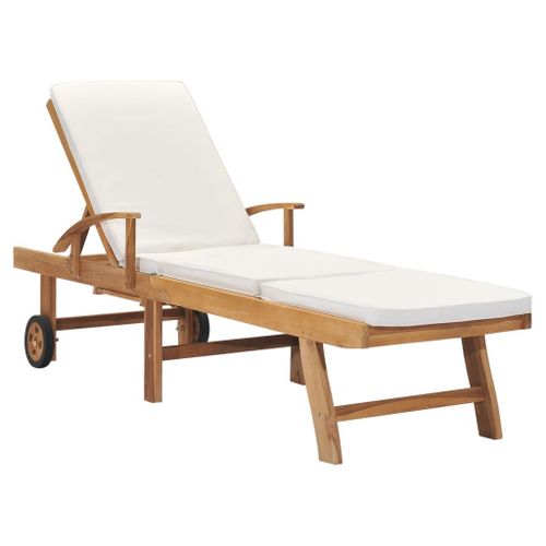 Transat Chaise Longue Bain De Soleil Lit De Jardin Terrasse Meuble D'extérieur 195 Cm Avec Coussin Bois De Teck Solide Crème Helloshop26 02_0012429