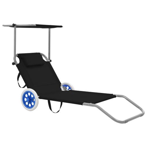 Transat Chaise Longue Bain De Soleil Lit De Jardin Terrasse Meuble D'extérieur Pliable Avec Auvent Et Roues Acier Noir Helloshop26 02_0012825