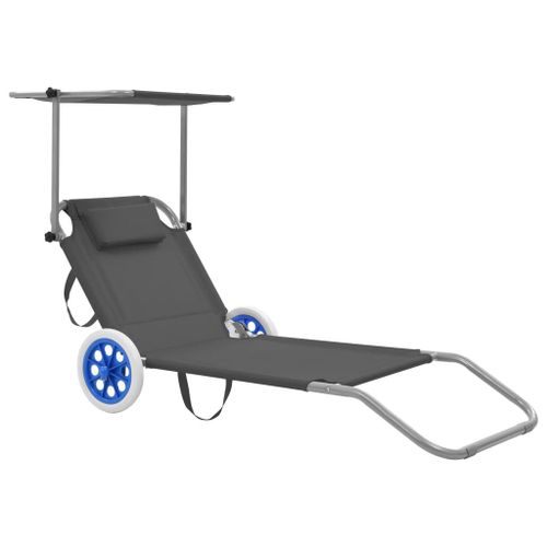 Transat Chaise Longue Bain De Soleil Lit De Jardin Terrasse Meuble D'extérieur Pliable Avec Auvent Et Roues Acier Gris Helloshop26 02_0012824