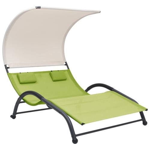 Transat Chaise Longue Bain De Soleil Lit De Jardin Terrasse Meuble D'extérieur Double Avec Auvent Textilène Vert Helloshop26 02_0012726