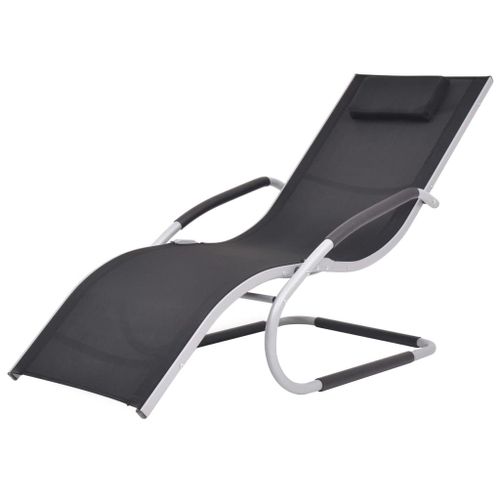 Transat Chaise Longue Bain De Soleil Lit De Jardin Terrasse Meuble D'extérieur Avec Oreiller Aluminium Et Textilène Noir Helloshop26 02_0012553