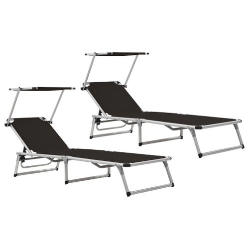 Chaises Longues Pliables Et Toit 2 Pièces Aluminium Textilène Noir Helloshop26 02_0011958