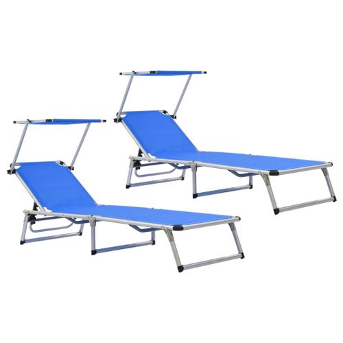 Lot De Deux Chaises Longues Pliables Et Toit Aluminium Textilène Bleu Helloshop26 02_0011956