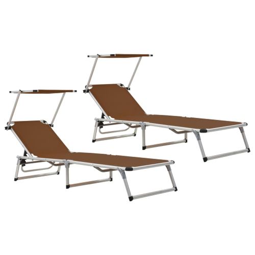Lot De Deux Chaises Longues Pliables Toit Aluminium Textilène Marron Helloshop26 02_0011960
