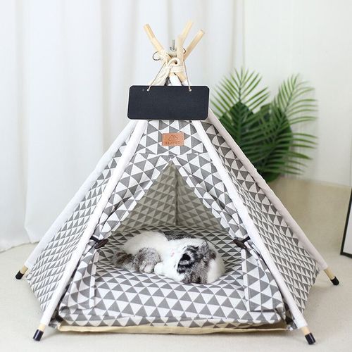Tente Pour Animaux De Compagnie Portable Et Lavable,Lits D'intérieur Pour Chiots Et Chats,Lit Tipi Pour Petits Chiens Et Lapins - Type Grey Triangle-Linen-S-4-Corner Tent