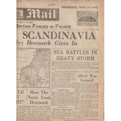 Daily Mail N° 15,467 The Newpaper For The British Forces - Wed.10 April 1940 Nazis Invade Sandinavia -Cardianl Verdier Dead -Flying Squads The French Army-Allies Support For Norway 6 P 62x42 Cm