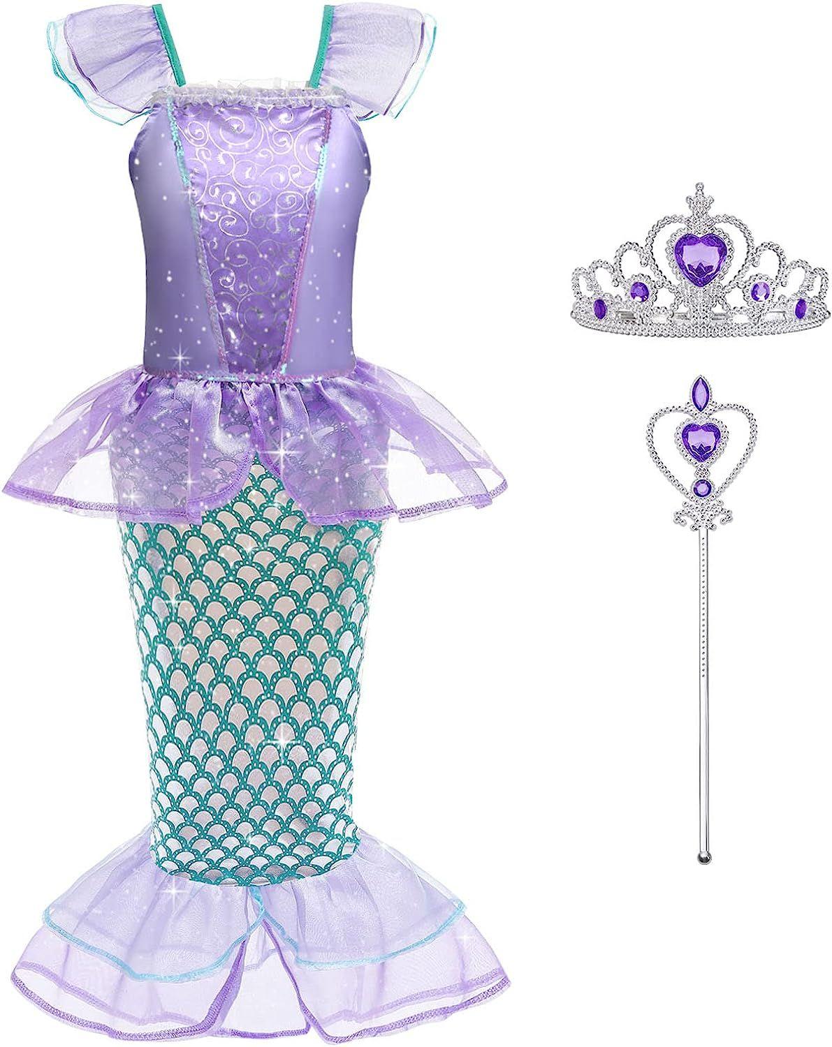 Deguisement Robe Princesse Ariel Costume de Sirene pour Enfant Fille Ariel Robe Inclus Couronne avec Baguette Magique Deguisement Sirene pour Filles fete d anniversaire Halloween Carnaval longueur 110...