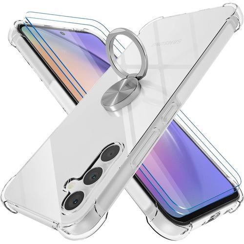 Coque Compatible Avec Samsung Galaxy A54 5g Anneau Béquille Crystal Clear Silicone Etui Anti-Chute Aux Quatre Coins Transparent Protection Housse Tpu Rotatif À 360 Bague Cover Anneau Argent