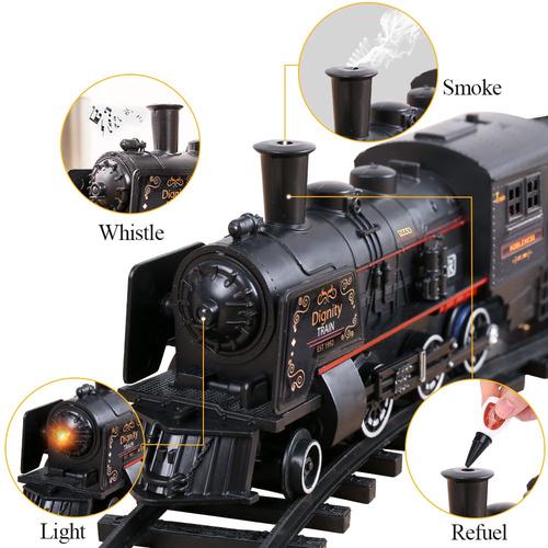 Train pour enfants avec feux de fumée et sons, train jouet de chemin de fer  électrique avec moteur de locomotive à vapeur, wagons et voies pour 3 4 5 6  7 8 ans B