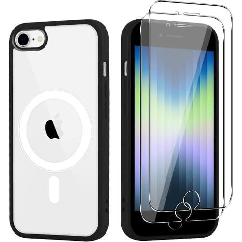 Coque Magnétique Clair Pour Iphone 8/Iphone Se 2020/Iphone 7/Se 2022 Avec Magsafe Avec 2 Pièces Verre Trempé, Étui De Protection En Silicone Antichoc, Souple Bord En Hard Pc Arrière Housse, Noir