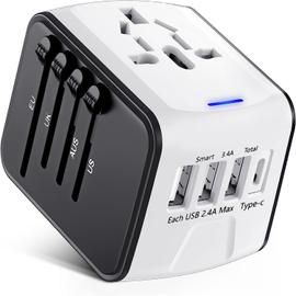 MuGu （Blanc)Adaptateur Voyage, Adaptateur Prise Universelle avec Type-C + 3  Ports USB & Prise AC, Adaptateur Prise France vers USA UK Allemagne  Thaïlande Italie Australie Chine Japon 