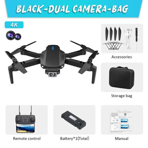 Drone Professionnel E88 Avec Éclairage Led,Caméras Pour Touristes,Photographie Aérienne,Omnidirectionnel,Jouets Hélicoptère Rc Fpv,4k Hd - Type B-Dual-4k-Bag-Box-Generique