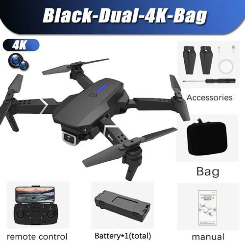 E88 Pro Wifi Fpv Drone Wide Angle Dual Hd 4k 1080p Camera Airplane Height Hold Rc Foldable Quadcopter Helicopter Apron Toy Gift - Type Black-Dual-4k-Bag-Generique