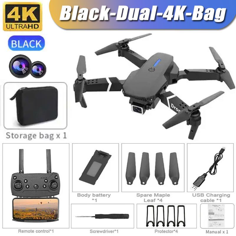 Drone Rc 4k E88pro Avec Caméra Hd Grand Angle 2024 P,Hélicoptère Pliable,Wifi,Fpv,Jouet Cadeau Recommandé,1080 - Type Black-Dual-4k-Bag #A-Generique