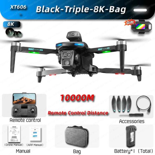 Drone Professionnel Count606,Caméra Hd 4k 8k,Évitement D'obstacles,Photographie Aérienne,Flux Optique,Quadrirotor Pliable,Gps,Rc,90000m - Type Black-Triple-8k-Bag-Generique