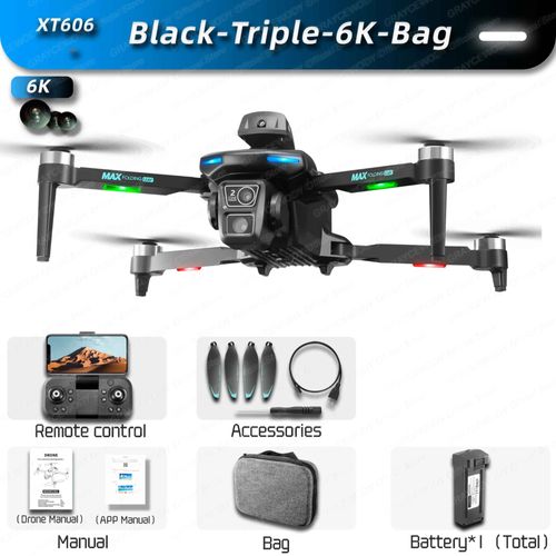 Drone Professionnel Count606,Caméra Hd 4k 8k,Évitement D'obstacles,Photographie Aérienne,Flux Optique,Quadrirotor Pliable,Gps,Rc,90000m - Type Black-Triple-6k-Bag-Generique