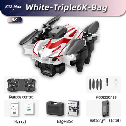 K12max-Quadricoptère Pliable Avec Moteur Sans Balais,Caméra Hd 8k,Photographie Aérienne,Évitement D'obstacles,Flux Optique,Importateur,Tablier De Vente - Type White-Triple6k-Bag #B-Generique