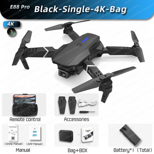 Mini Drone Rc E88pro 4k Professionnel,Caméra Hd Grand Angle Pour Touristes,Hélicoptère Rc Pliable,Wifi,Fpv,Supporte Le Tablier,Led,Vente - Type White-Single-4k-Bag-Generique